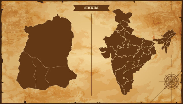 Sikkim state map, India map with federal states in A vintage map based background, Political India Map