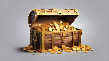 Isolated Treasure Chest with Gold Coins on a Transparent Background. AI