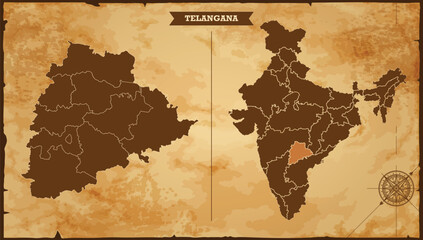 Telangana state map, India map with federal states in A vintage map based background, Political India Map