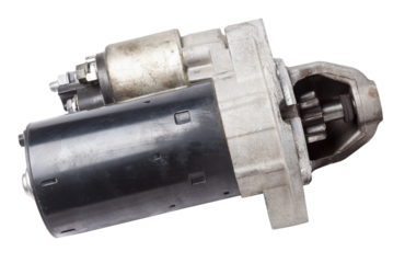 Starter of an internal combustion engine New Spare part for car on a white background. Spare parts catalog.