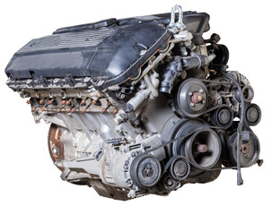 Fototapeta premium engine with five cylinders made of aluminum and metal during repair or replacement on a guarantee on a white isolated background.