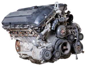 engine with  five cylinders made of aluminum and metal during repair or replacement on a guarantee on a white isolated background.