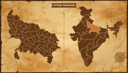 Uttar Pradesh state map, India map with federal states in A vintage map based background, Political India Map