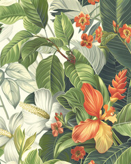 Fototapeta premium Botanical Tropical Floral Wedding Wallpaper, botanical tropical jungle Illustration, wedding invitation, wedding invitation card