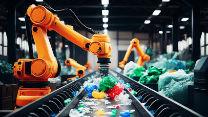 Waste management facility robotic arm sorting different plastic waste recycle reuse concept 