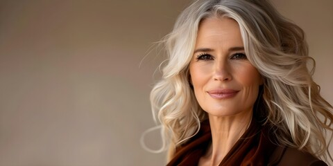 Fototapeta premium Elegant and Graceful: Closeup Portrait of a Mature Woman. Concept Elegant Look, Graceful Poses, Mature Beauty, Classic Portrait, Close-up Photography