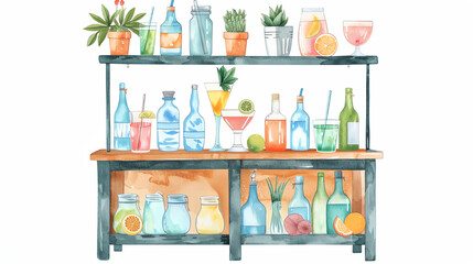Portable cocktail bar flat design, front view, chic theme, watercolor, colored pastel
