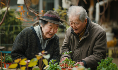 Senior couple gardening together, enjoying their hobby and spending quality time outdoors, cultivating plants in a peaceful garden setting.