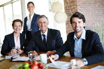 Portrait, business people or team smile in office for meeting, discussion and deal negotiation....