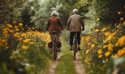 Fototapeta premium Senior couple riding bicycles through a picturesque forest path surrounded by blooming wildflowers, enjoying a peaceful outdoor adventure.