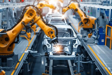 A robotic arm welds a car frame on an assembly line. The sparks from the weld are visible.