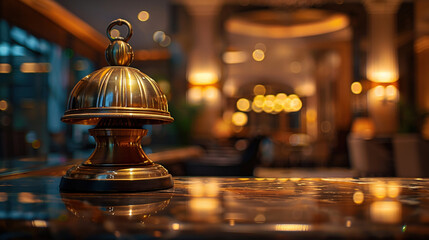 Service bell on a hotel counter under warm ambient lighting creating a welcoming atmosphere