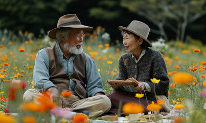 Elderly couple enjoying a peaceful moment in a vibrant flower garden, sitting amongst the blossoms and sharing a heartfelt conversation. - Powered by Adobe