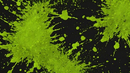 Neon green paint splats on black grunge background
