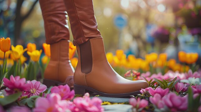 Sophisticated focus on trendy ankle boots in urban outdoor setting with springtime flora.