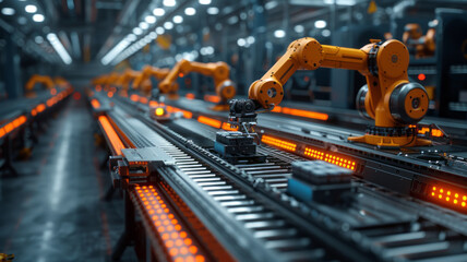 Fototapeta premium Control unit directs robotic arms in a logistics setting, orchestrating product placement on conveyor belts.generative ai