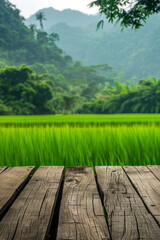 A wooden desk top with blurred background of paddy field. Good for background 