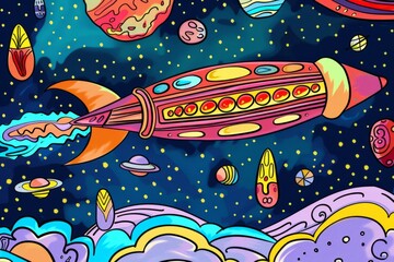 Cartoon cute doodles of a colorful space blimp floating gracefully in the atmosphere of a distant planet, Generative AI
