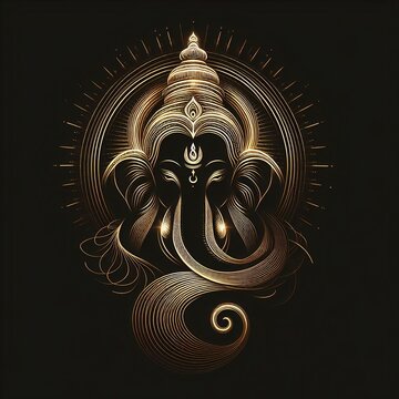 Lord ganesha with gold light lines isolated on black background.
