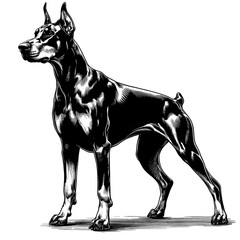 Hand drawn illustration of fierce doberman dog, vector sketch isolated on transparent background.