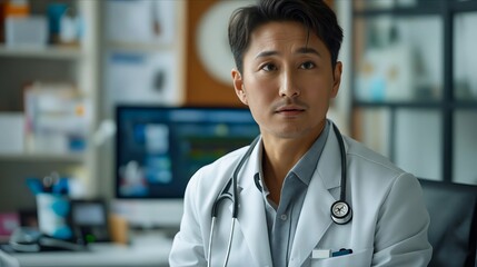A man in a white coat sitting at a desk.