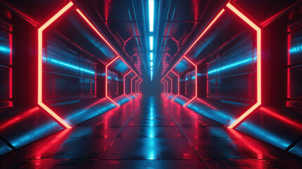 Fototapeta premium Generative ai Sci Fy neon glowing lines in a dark tunnel and reflections on the floor and ceiling.