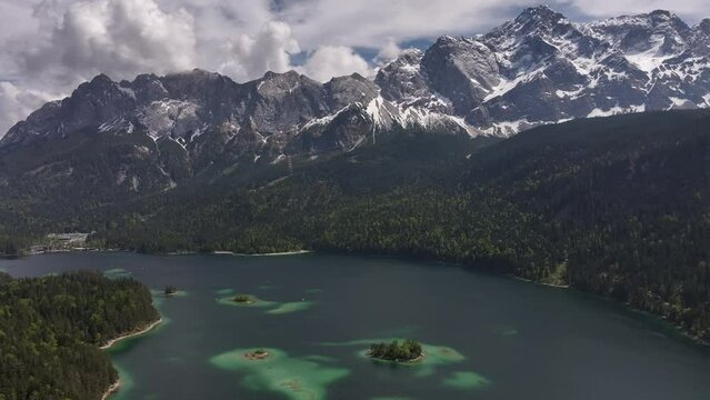 Aerial drone close up of Eibsee, Grainau, Deutschland