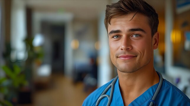 A man in scrubs is smiling and looking at the camera.