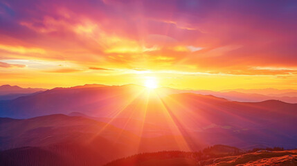 The sun is setting over a mountain range, casting a warm glow over the landscape