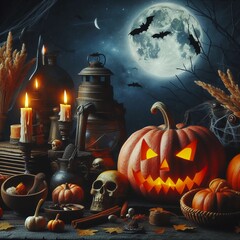 halloween background with pumpkin, full moon, tomb, and bat