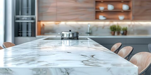 Close-up of a white marble table in a modern kitchen with built-in features. Concept Home Interior Photography, Modern Kitchen Design, White Marble Table, Built-in Features, Close-up Shot