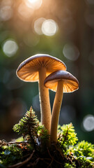 Fototapeta premium Purple mushroom in the forest. Macro view of tiny mushroom