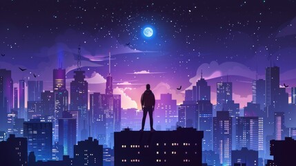 A man stands on a rooftop in a city at night