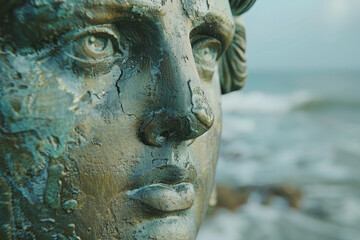 Highlight the face of the Statue of Liberty in detailed closeup, selective focus, legacy, vibrant, silhouette, ocean backdrop