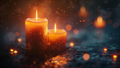 Illustrate a candles flickering flame against the dark, close up, hope, dynamic, blend mode, night backdrop