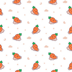 Kawaii carrot with funny faces. Seamless pattern. Cute cartoon happy food characters. Hand drawn style. Vector drawing. Design ornaments.