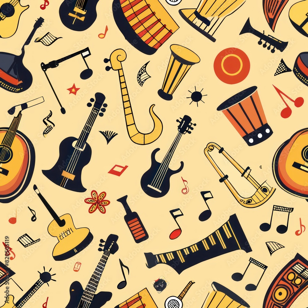 Wall mural Seamless pattern of musical instrument sketches, celebrating the artistry of music in a minimalist style, Generative AI