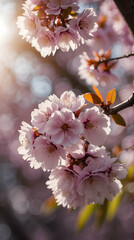Cherry blossom in spring park, close up. Cherry blossom with defocused hearts and light bokeh background. Purple Sakura flowers and blurred background