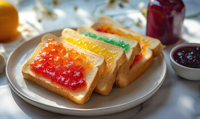 Five pieces of large toast bread slices placed on a plate, with a small amount of Rainbow Jam spread on the bread