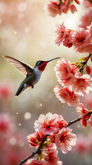 miracle art with beautiful hummingbird flying near pink flower against green background with sunlight bokeh
