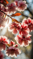 Cherry blossom in spring park, close up. Cherry blossom with defocused hearts and light bokeh background. Pink Sakura flowers and blurred background