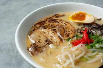 A closeup view of a tonkatsu ramen bowl.