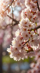Cherry blossom in spring park, close up. Cherry blossom with defocused hearts and light bokeh background. Pink Sakura flowers and blurred background