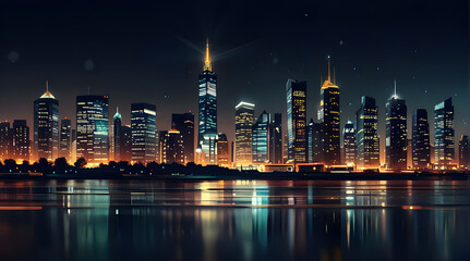 Fototapeta premium Modern artistic neon effect urban city or skyscrapers background and futuristic townscapes ai generative
