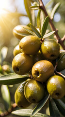 Portrait of Olive fruits on a branch with sunlight background. Young olive fruits. Fruits grown on the olive tree