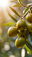 Portrait of Olive fruits on a branch with bokeh background. Young olive fruits. Fruits grown on the olive tree