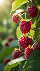 branch of ripe raspberries in a garden on blurred green background