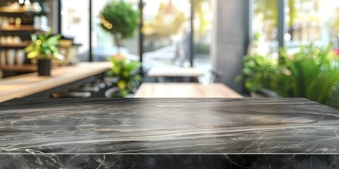 Black Marble Table in Coffee Shop with Blurry Background and Copy Space. Concept Coffee Shop, Black Marble Table, Blurry Background, Copy Space