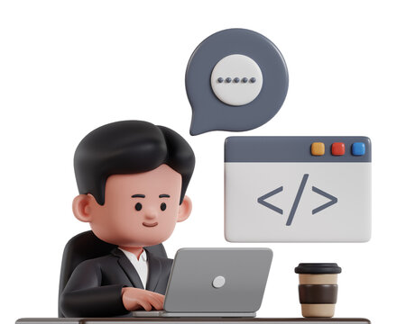 programmer in black formal wear typing programming software code, coding concept 3d illustration on white background