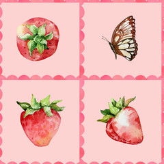 Seamless pattern of watercolor strawberries and butterflies in a frame